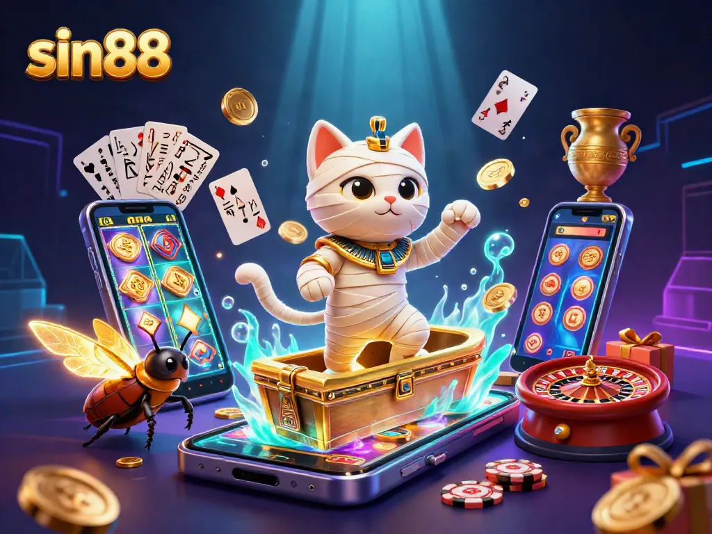 Engage with sin88's thrilling gaming environment featuring a vibrant mummy cat and interactive slot elements.