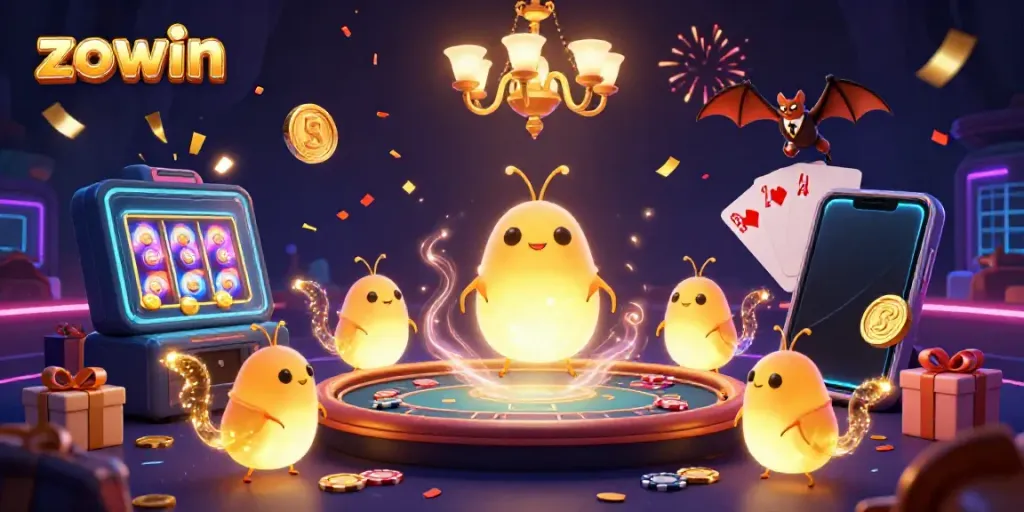 Experience the excitement of Zowin with vibrant casino elements brought to life by glowworms in a mystical setting.
