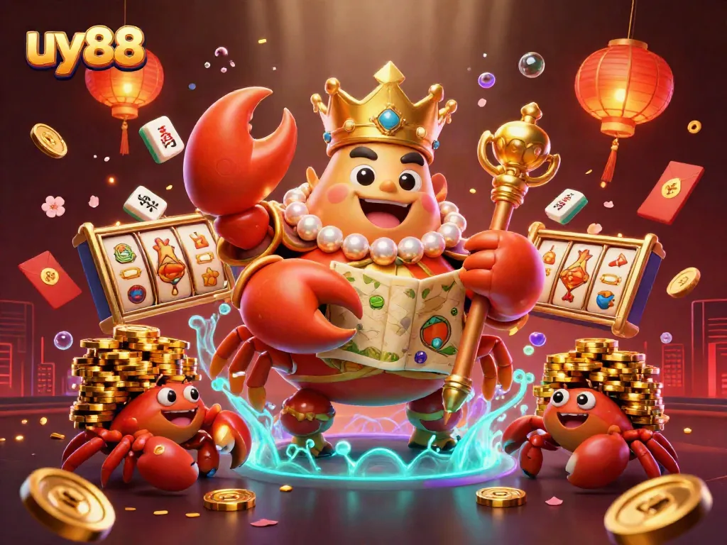 Engage in thrilling gaming at uy88 with a vibrant scene of a golden crab emperor and friends amidst casino elements.
