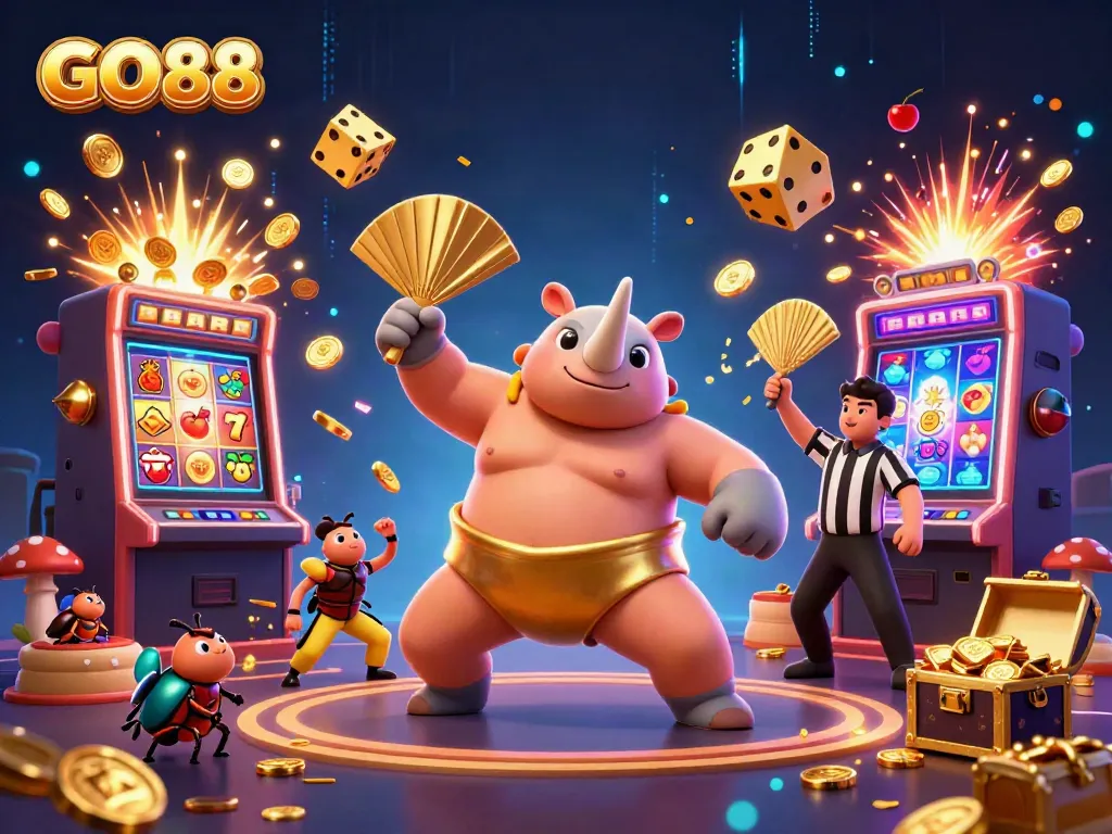 Experience the thrill of GO88 with a vibrant casino scene featuring a beetle champion and dynamic game elements.