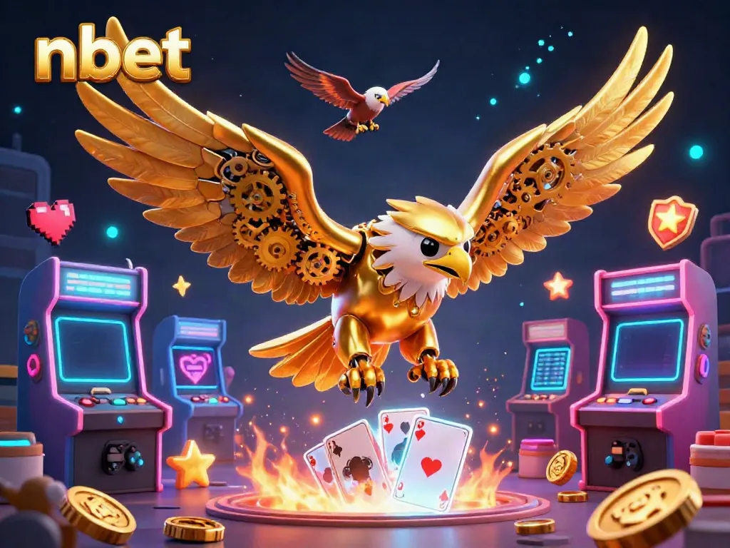 Experience the thrill of nbet with a dynamic 3D golden eagle soaring through holographic playing cards and vibrant game elements.
