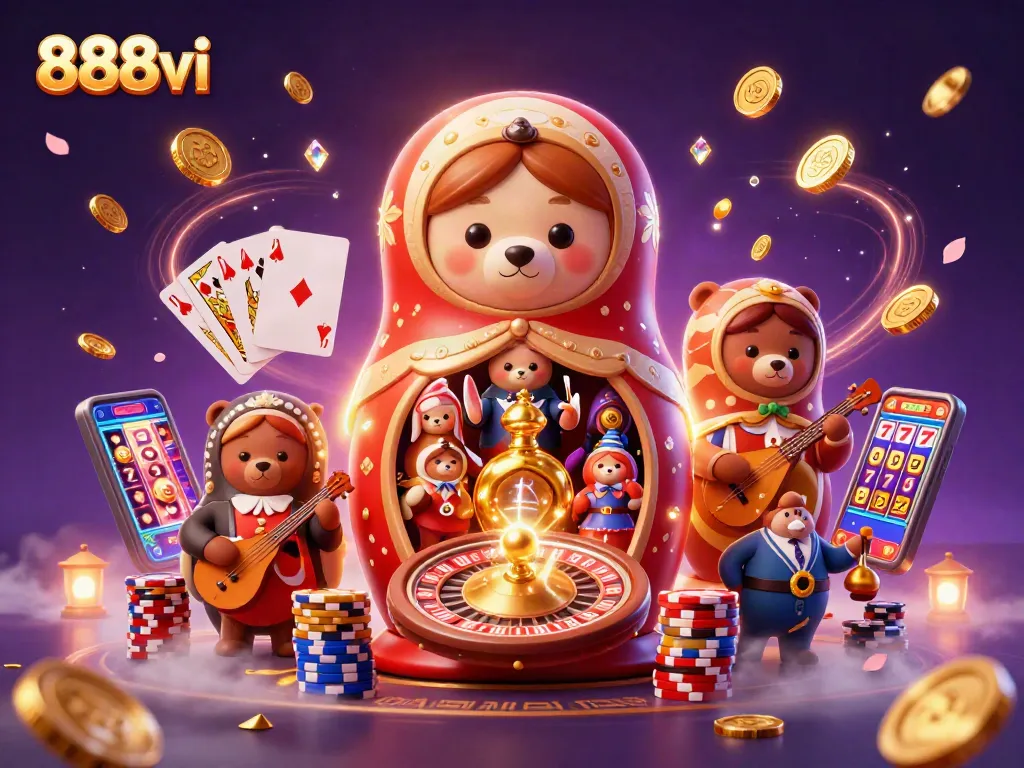 Experience the vibrant 888vi casino with roulette, coins, and playful characters.