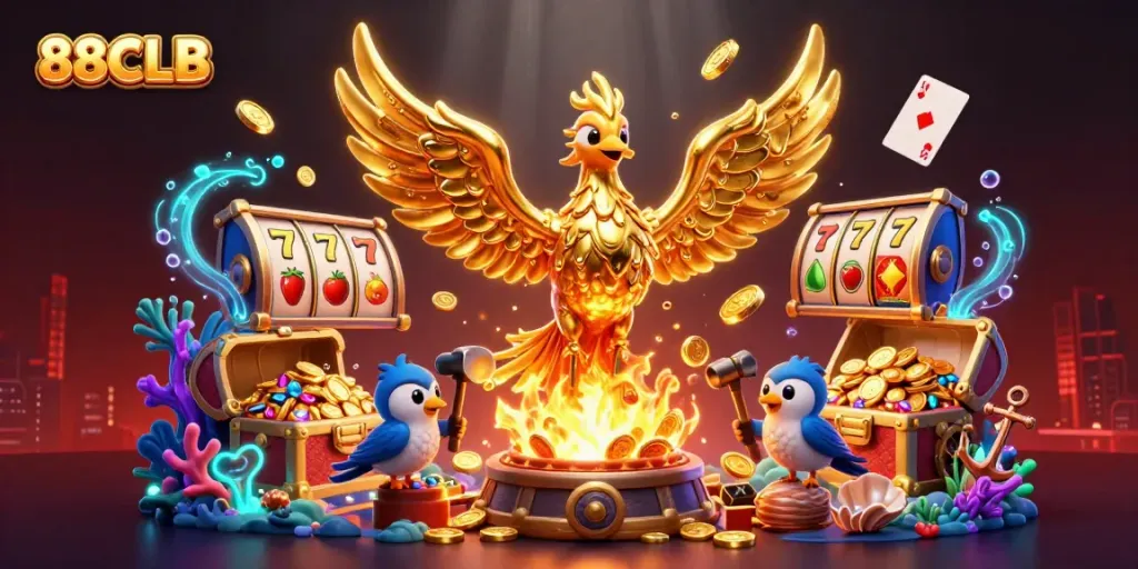 Experience thrilling gaming with 88CLB's vibrant representation of dynamic slot play among a rich 3D scene.