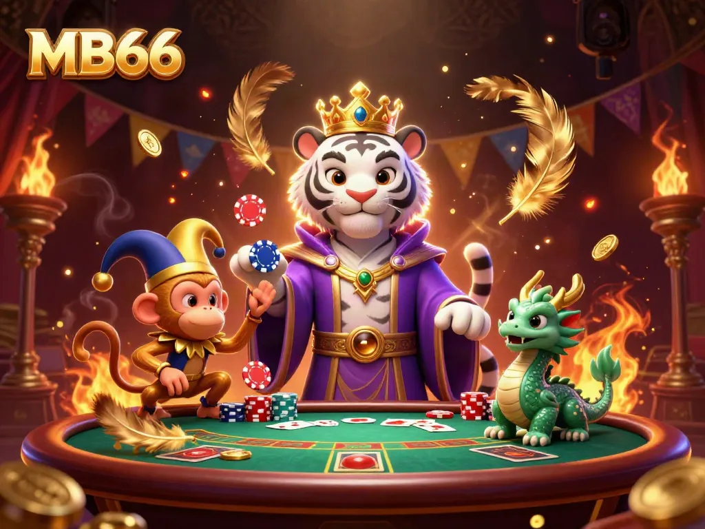Experience the thrill of MB66 with a vibrant casino scene featuring a regal tiger, a playful monkey juggling poker chips, and a jade dragon.