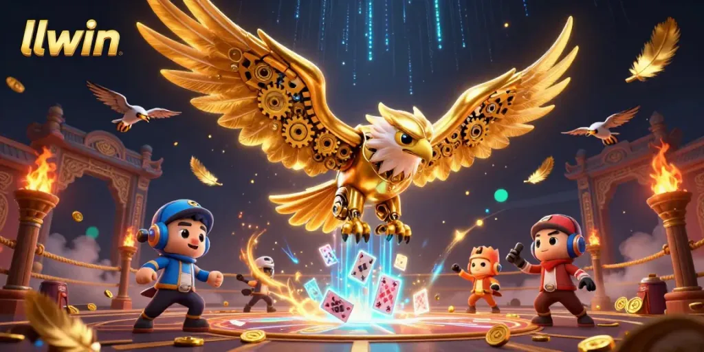 Engage in thrilling gaming with LLWIN's cybernetic eagle soaring amidst holographic cards and vibrant coins.