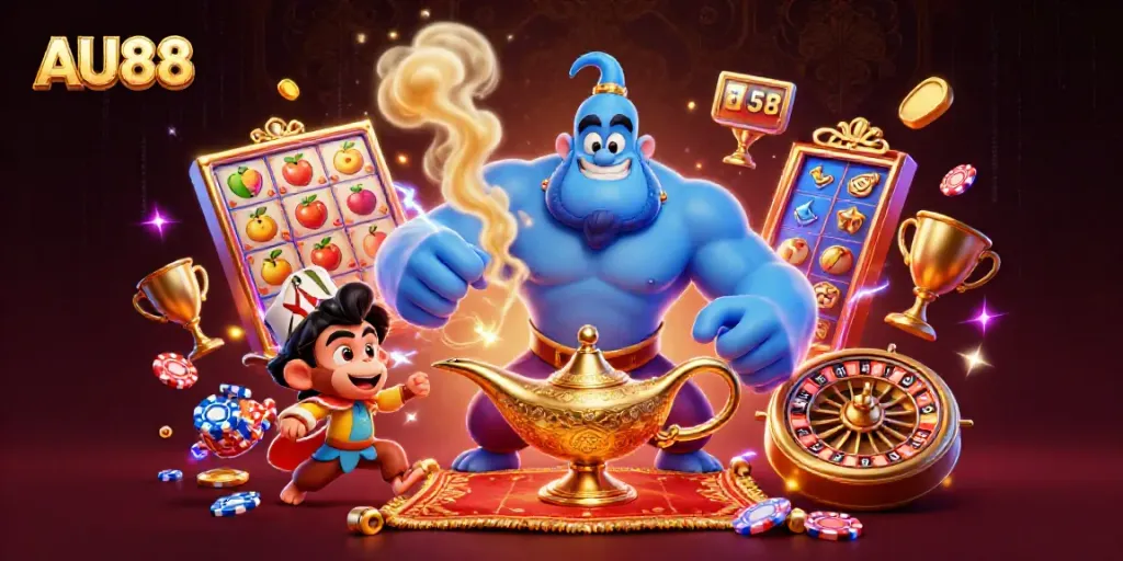Experience the thrill of AU88 with a dynamic casino scene featuring a magical genie, poker chips, and slot symbols.