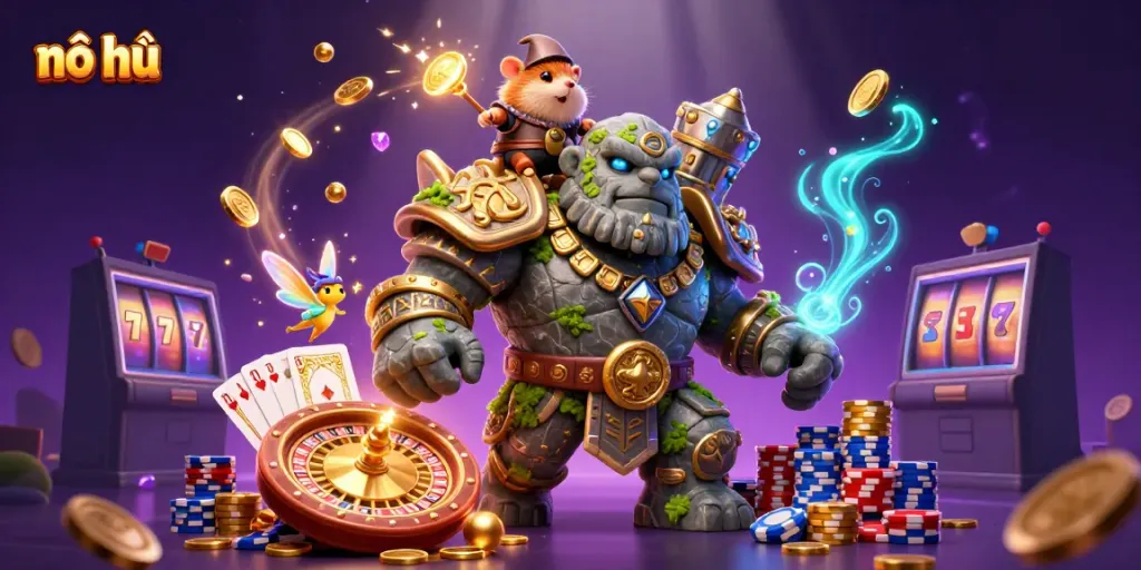 Engage in nổ hũ with an enchanting 3D scene featuring a stone golem, a fairy, and a hamster knight amidst cascading golden coins.