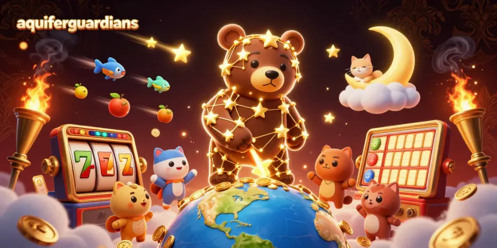 Mengumpulkan koin dalam permainan slot, aquiferguardians menunjukkan bintang beruang kartun dan elemen kasino lainnya.