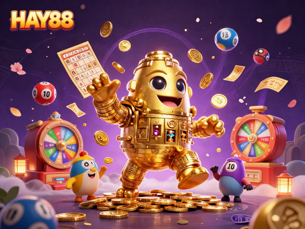 Engage with HAY88's exciting gaming experience featuring vibrant lottery elements and a golden golem.