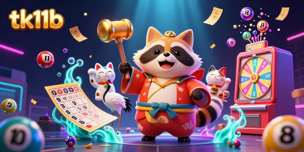 Engage with tk11b in a lively casino experience featuring a cheerful tanuki surrounded by vibrant games.