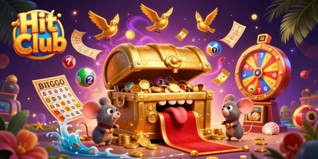 Experience the thrill of Hit Club with vibrant lottery balls, golden treasures, and energetic gameplay in this stunning scene.