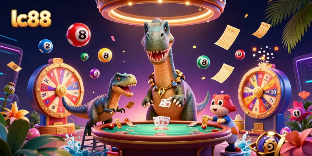 Engage with the vibrant lc88 casino scene showcasing fun gaming elements and characters, ensuring visual excitement.