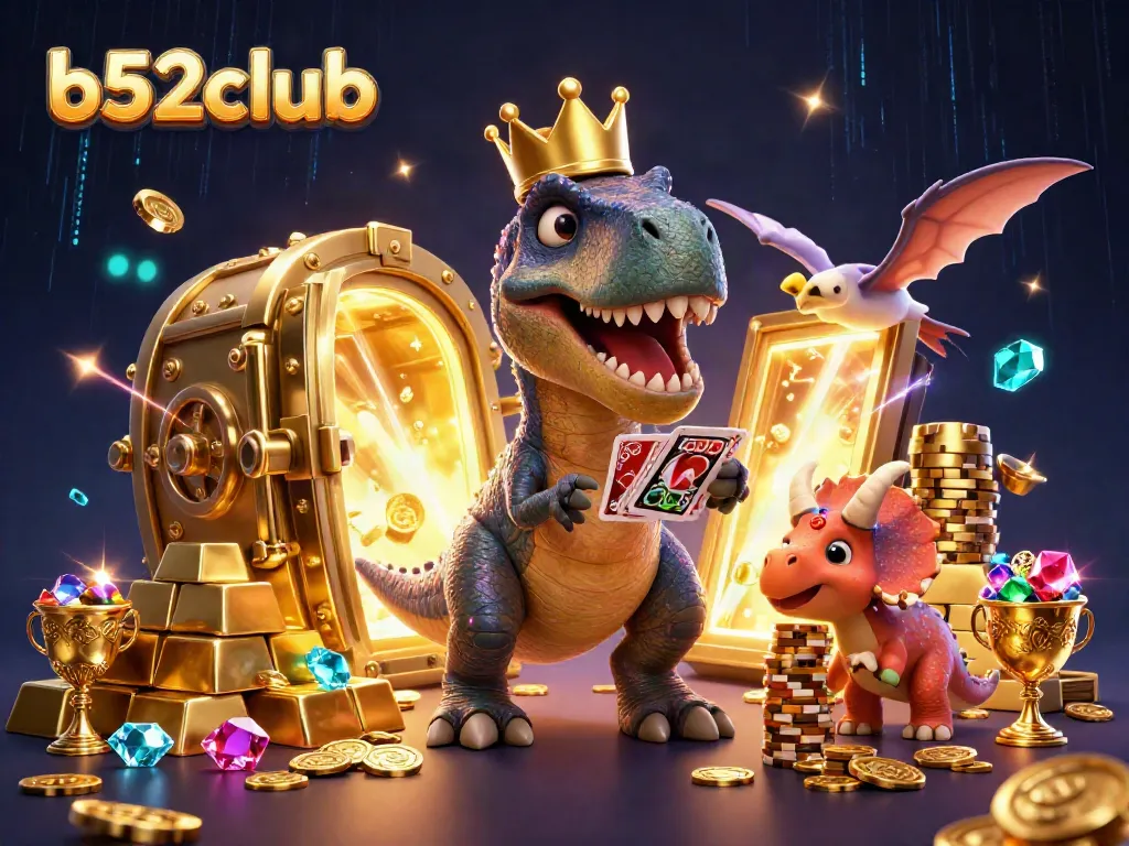 B52club features an illustrated T-Rex shuffling cards and a triceratops stacking chips, exuding casino excitement.