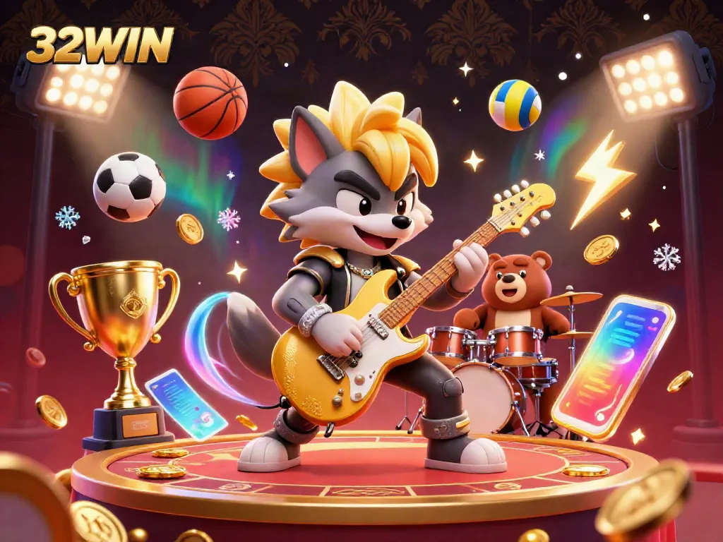 Experience the excitement of 32WIN with a dynamic illustration featuring a rock star wolf and drummer bear onstage.
