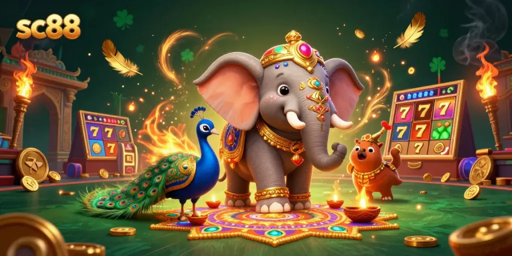 Engage in thrilling gameplay with sc88, highlighted by a colorful 3D elephant, jackpot slots, and vibrant casino elements.