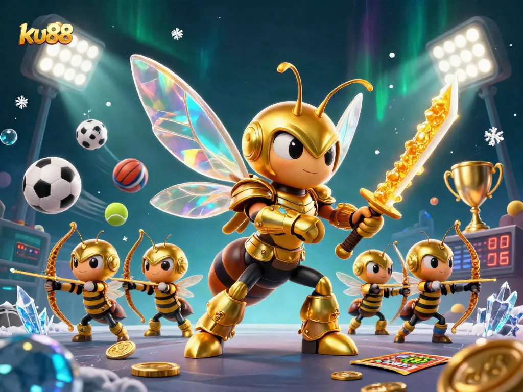 ku88 captures intense gaming action with a golden hornet samurai and dynamic sports elements