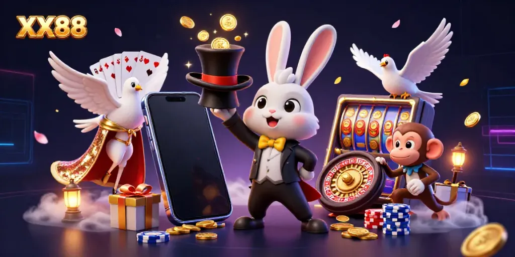 Experience the magic of XX88 casino games with a magician rabbit, dove, and monkey amidst vibrant 3D gaming elements.