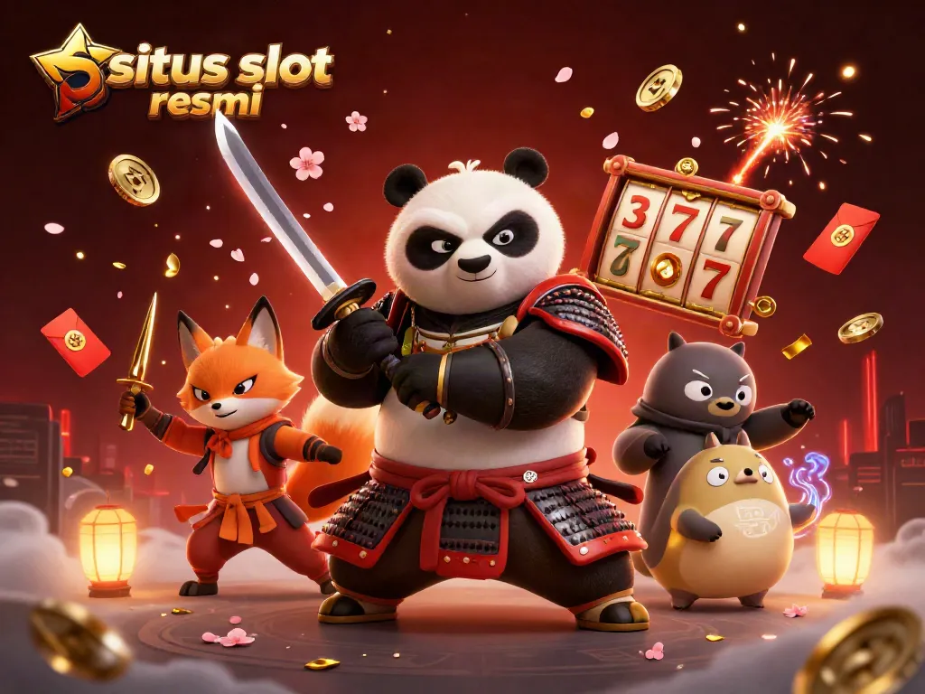 Spin into excitement with the situs slot resmi, showcasing dynamic samurai panda and playful characters amidst vibrant slot elements.