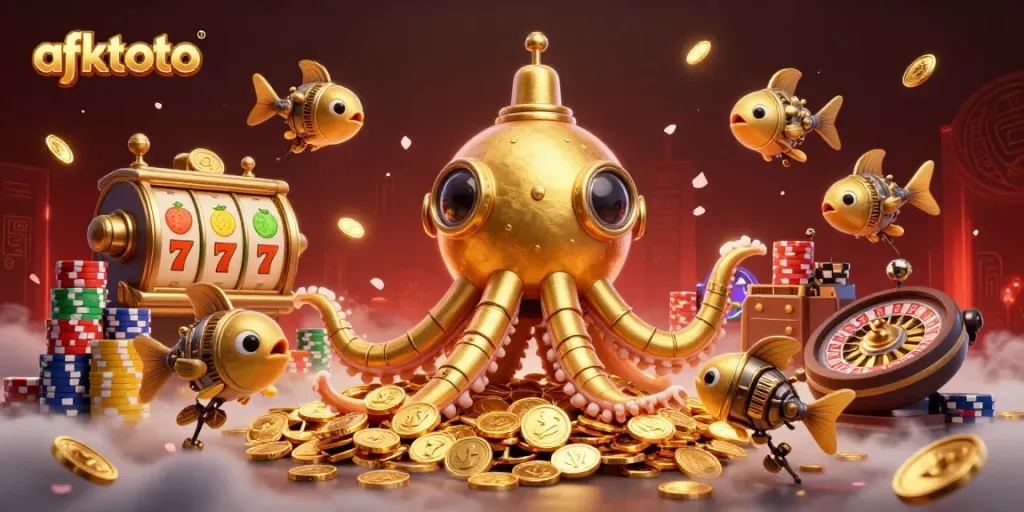 Engage in thrilling wins with afktoto, featuring a golden kraken submarine among vibrant casino elements and golden coins.