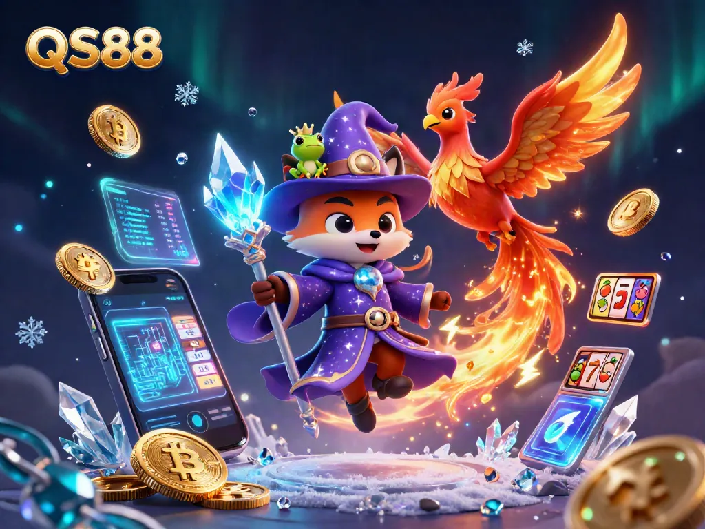 Win big at QS88 with an enchanting wizard fox and a fiery phoenix amidst vibrant slot machines.