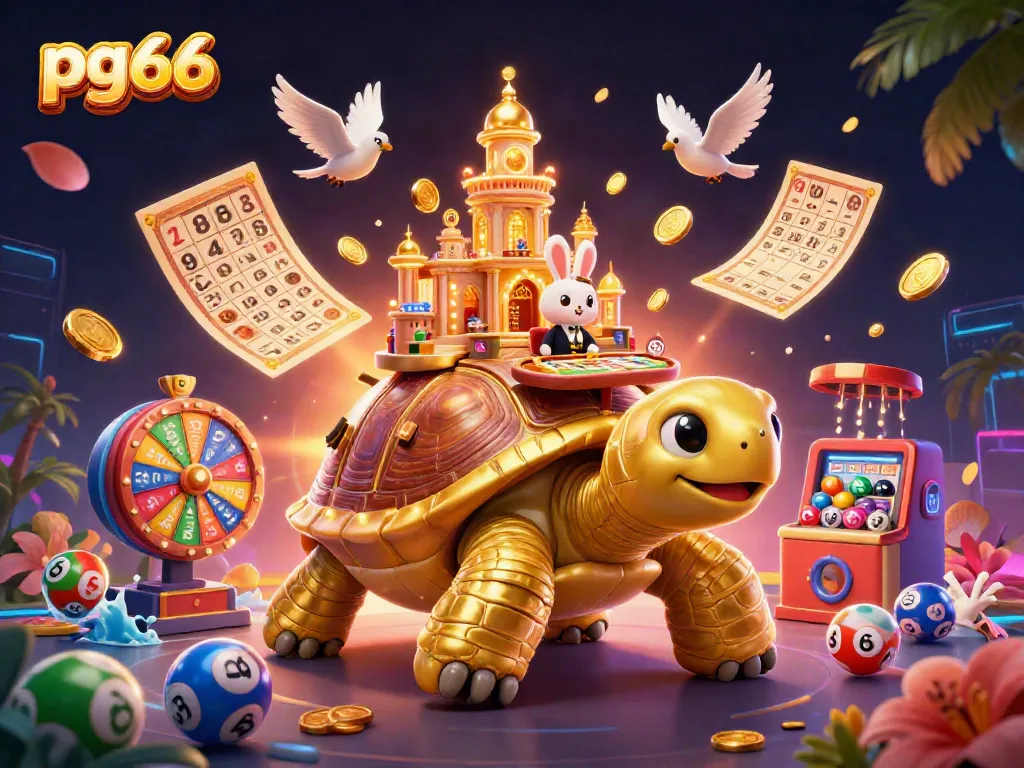 Engage with pg66's exciting gambling world featuring a golden tortoise casino and lively game elements.