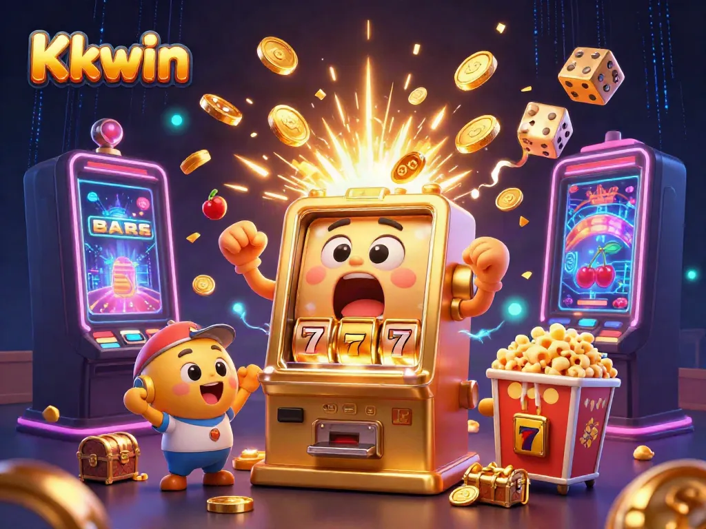 Experience the excitement at Kkwin as a golden slot machine hits a jackpot, surrounded by cheering baby machines in a dynamic casino scene.
