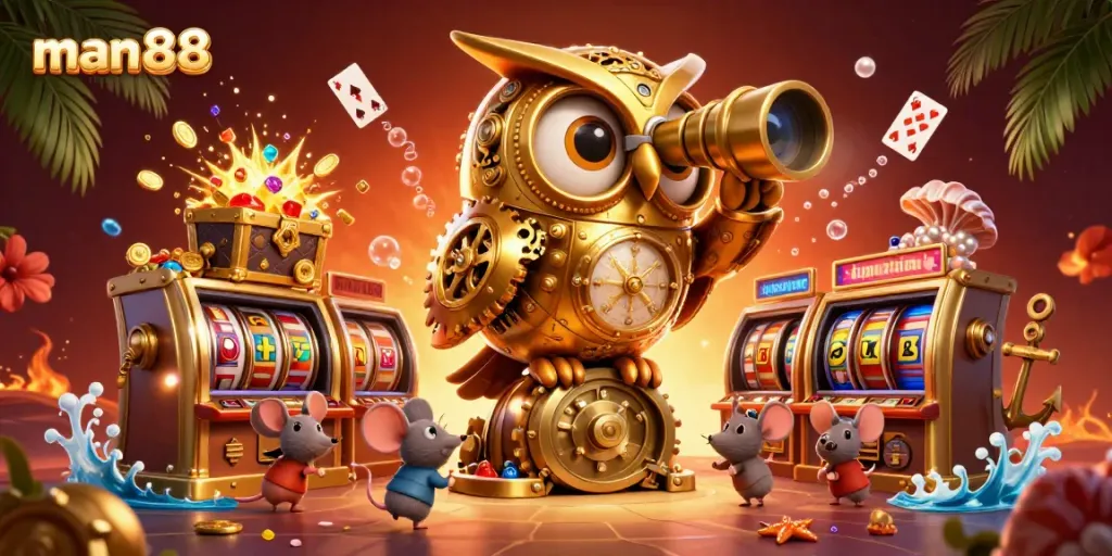 Experience the excitement of man88's casino with the golden owl and animated slot machines.