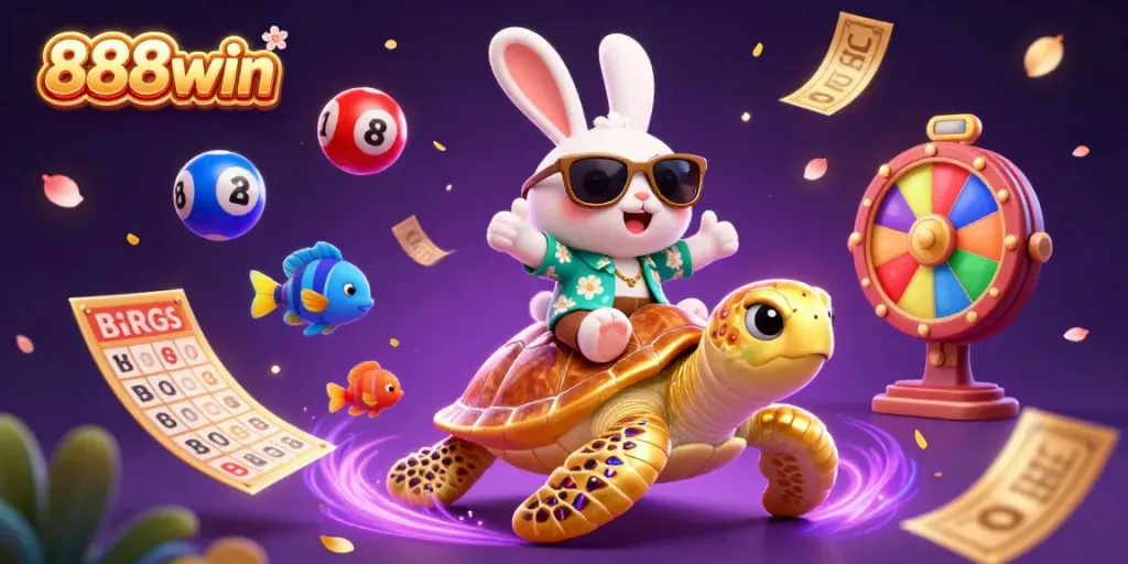 Win big with 888win while celebrating in a vibrant casino scene featuring a lucky rabbit and a golden turtle.