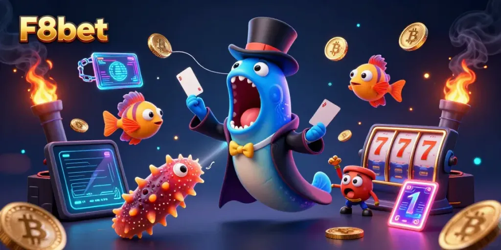 Engage in thrilling card tricks with F8bet in a vibrant undersea casino scene.