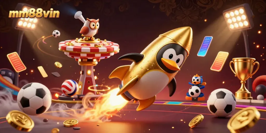 Experience the excitement of mm88vin with a dynamic casino scene featuring sports elements and a unique golden penguin.