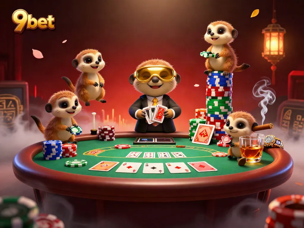 Engage with 9bet's vibrant casino scene featuring meerkats at poker tables, colorful chips, and festive decorations.