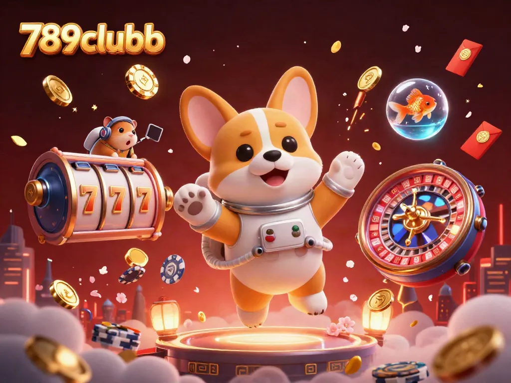 Witness 789clubb's thrilling casino adventure with a floating corgi and vibrant game elements.