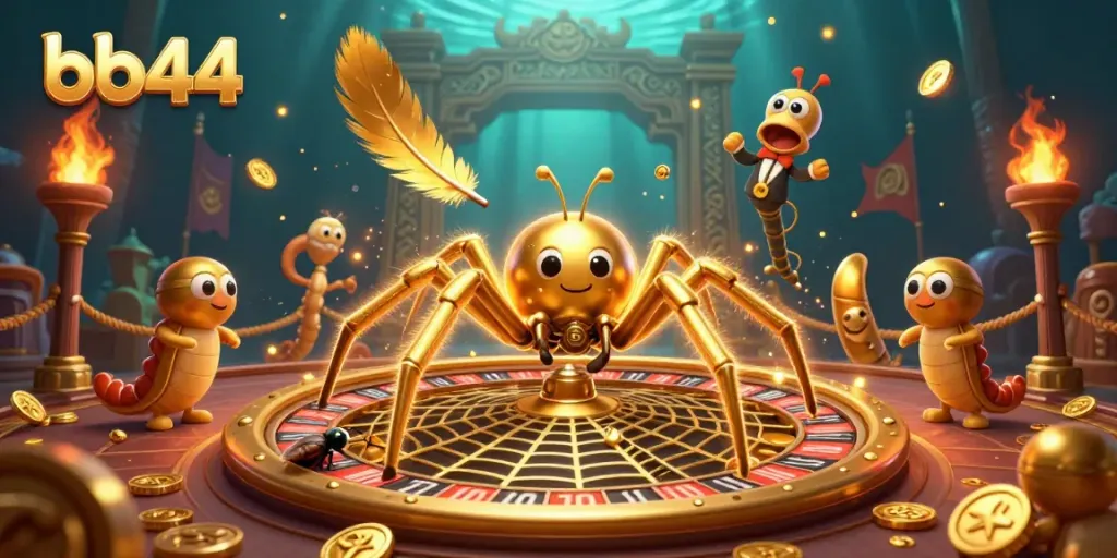 Engage in thrilling bets with bb44 as a golden spider weaves a roulette web in this dynamic casino illustration.