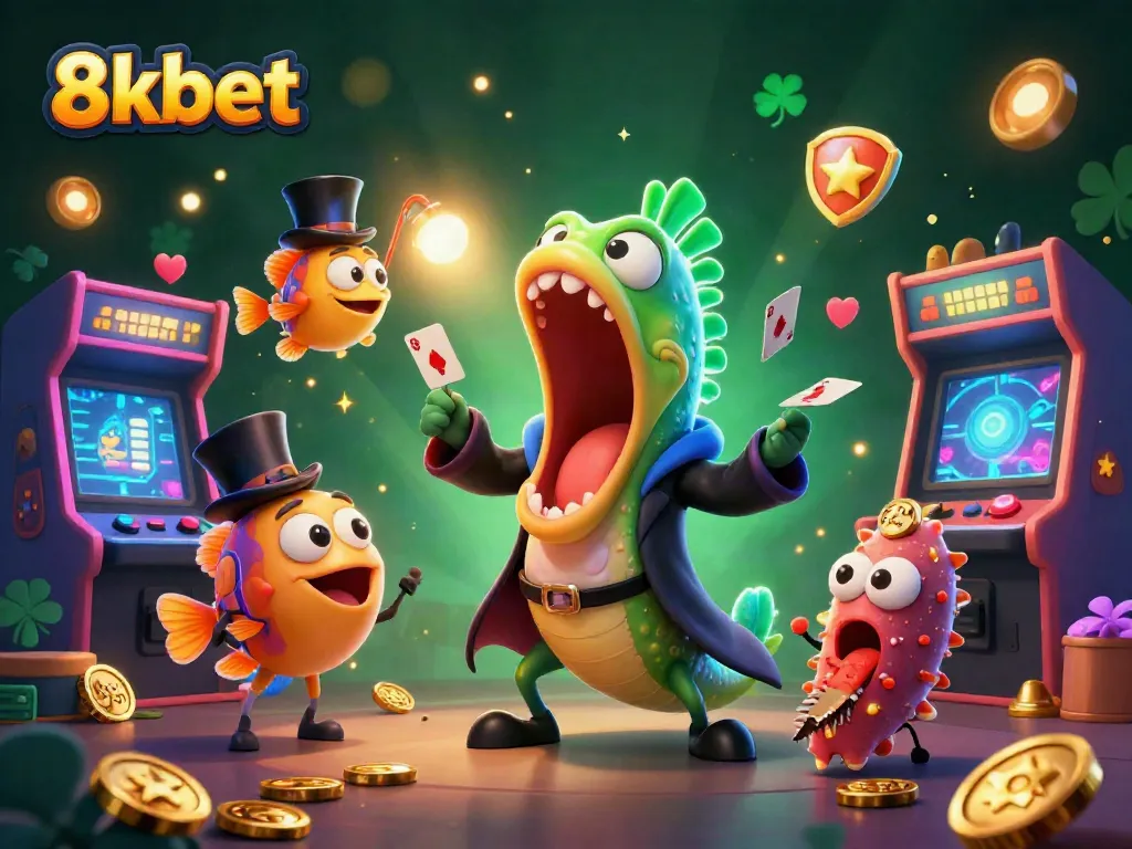 Experience 8xbet's dynamic gaming world with vibrant characters and rich casino elements.