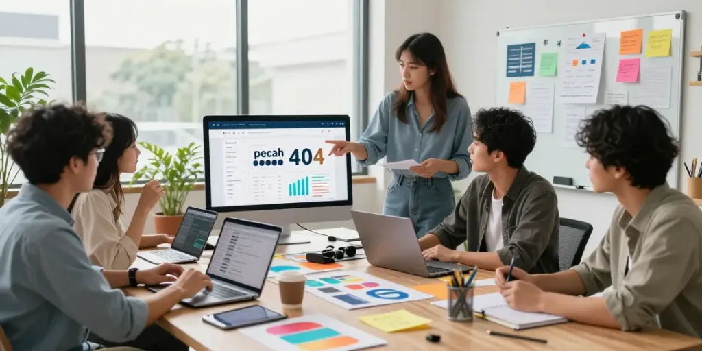 Pecah 404 strategy meeting in a vibrant e-commerce workspace with collaborative teamwork.