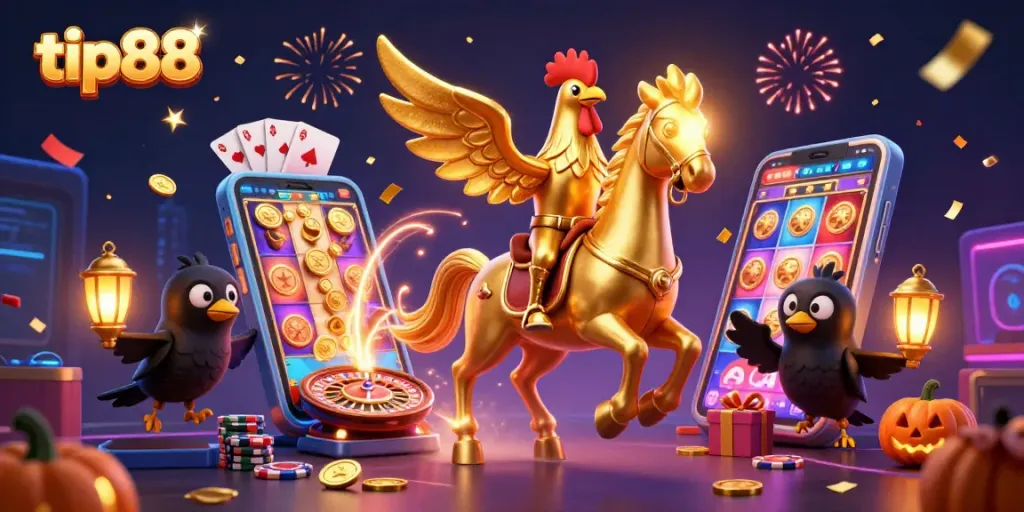 Experience thrilling gameplay with tip88 in a cinematic casino scene featuring golden rooster and spectral horse.