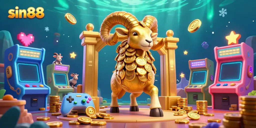 Experience the thrill of sin88 with a golden ram charging through a vibrant casino scene filled with colorful arcade game elements.