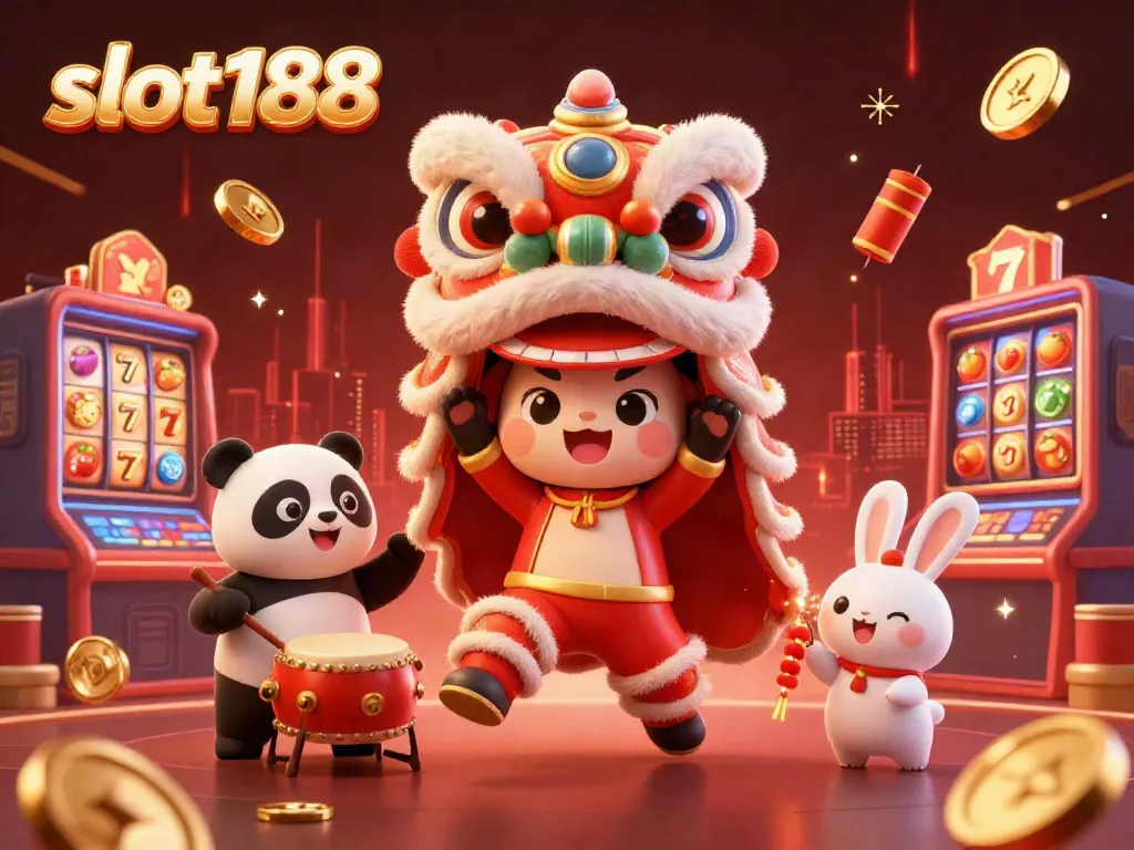 Permainan slot188 menampilkan suasana meriah dan berwarna dengan karakter unik, simbol slot, dan atmosfer kasino.
