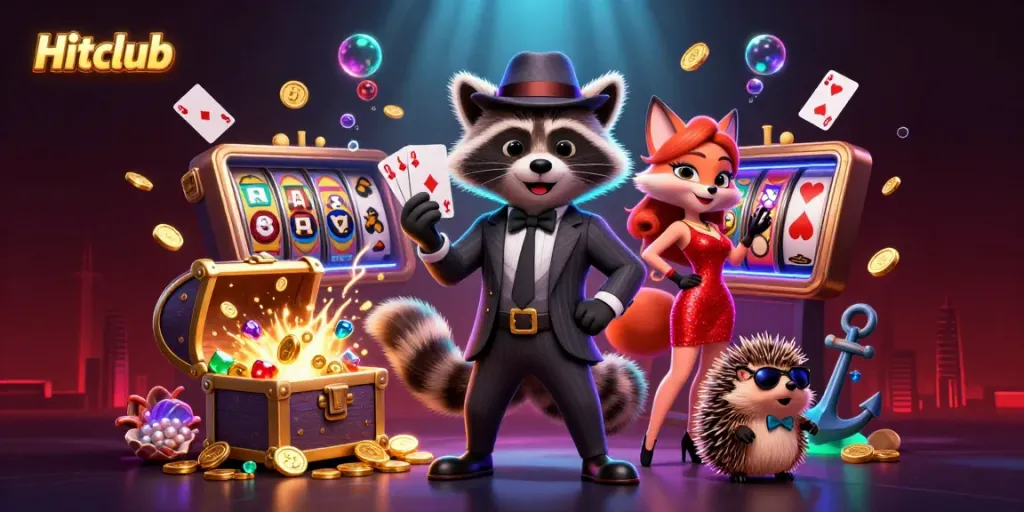 Experience thrill and excitement at Hitclub with a suave raccoon, elegant fox, and bouncer amidst vibrant casino elements.