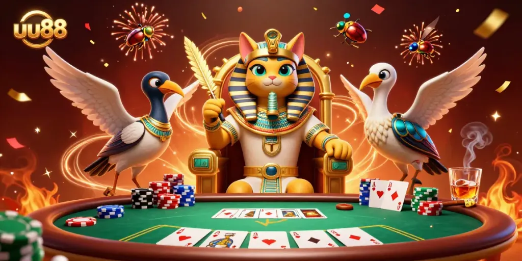 Experience the thrill of playing at uu88 with vibrant gaming elements and Egyptian-themed characters.