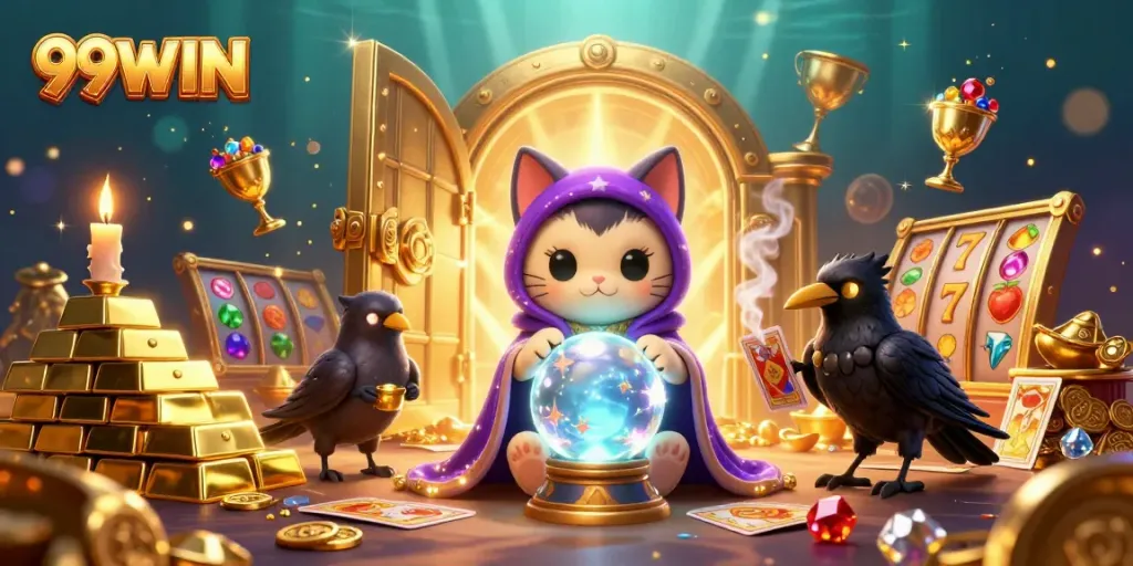 Play exciting games and win big at 99WIN with a lively scene of vibrant characters and treasures.