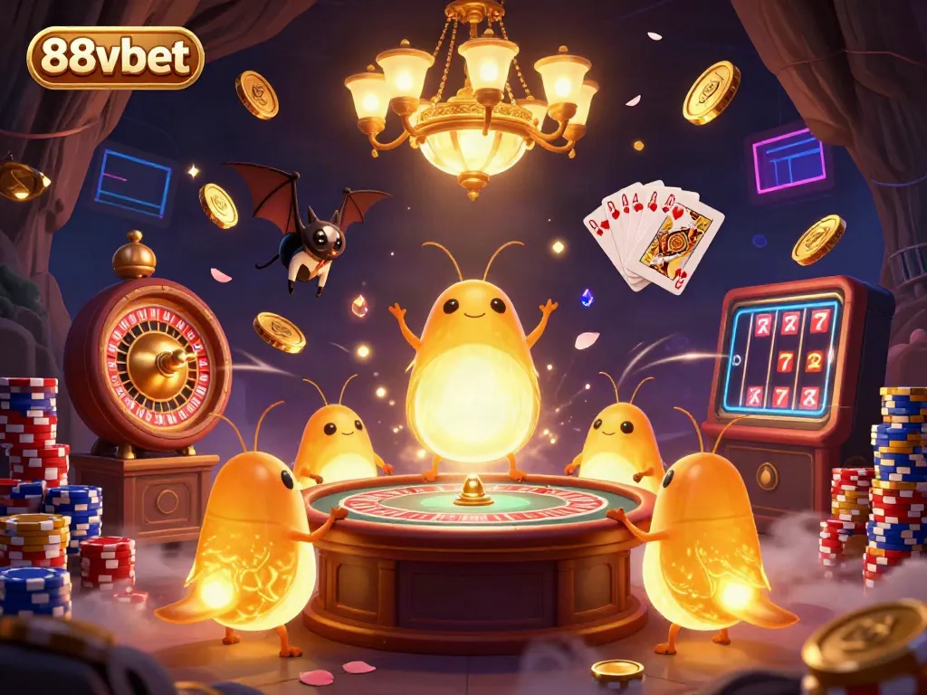 Experience 88vbet's vibrant cave casino with glowworms, a bat dealer, and dazzling game elements.