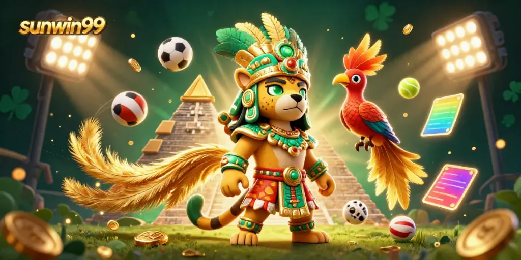 Engage in thrilling sports betting with sunwin99, featuring vibrant 3D Mayan priest characters and dynamic gaming elements.
