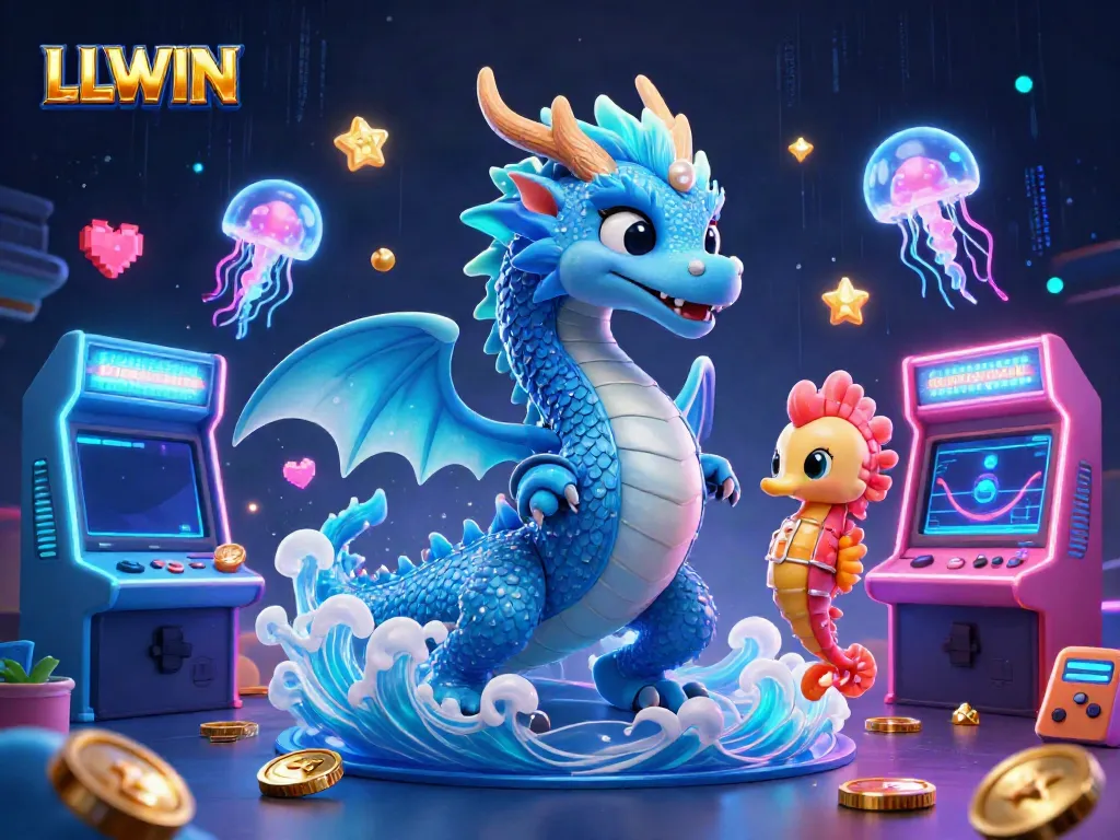 Experience excitement with LLWIN, featuring a 3D water dragon, seahorse knight, and neon jellyfish in a vibrant casino scene.