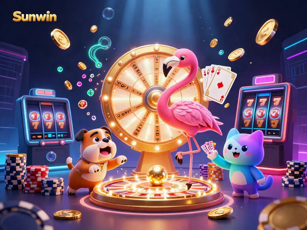 Experience the excitement of Sunwin with a flamingo host, a bulldog contestant, and a scoreboard cat, surrounded by casino elements.