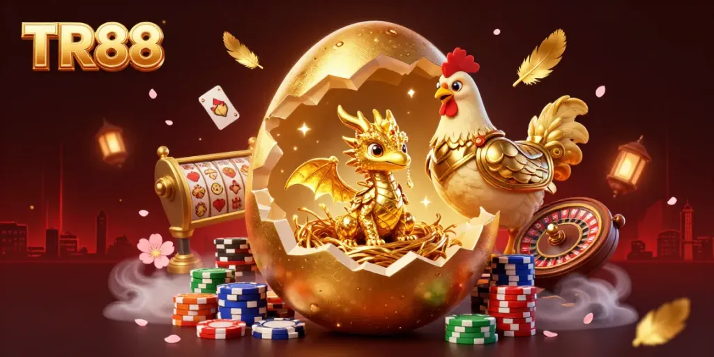 Experience excitement with TR88 as a golden dragon emerges amidst poker chips and vibrant gaming elements.