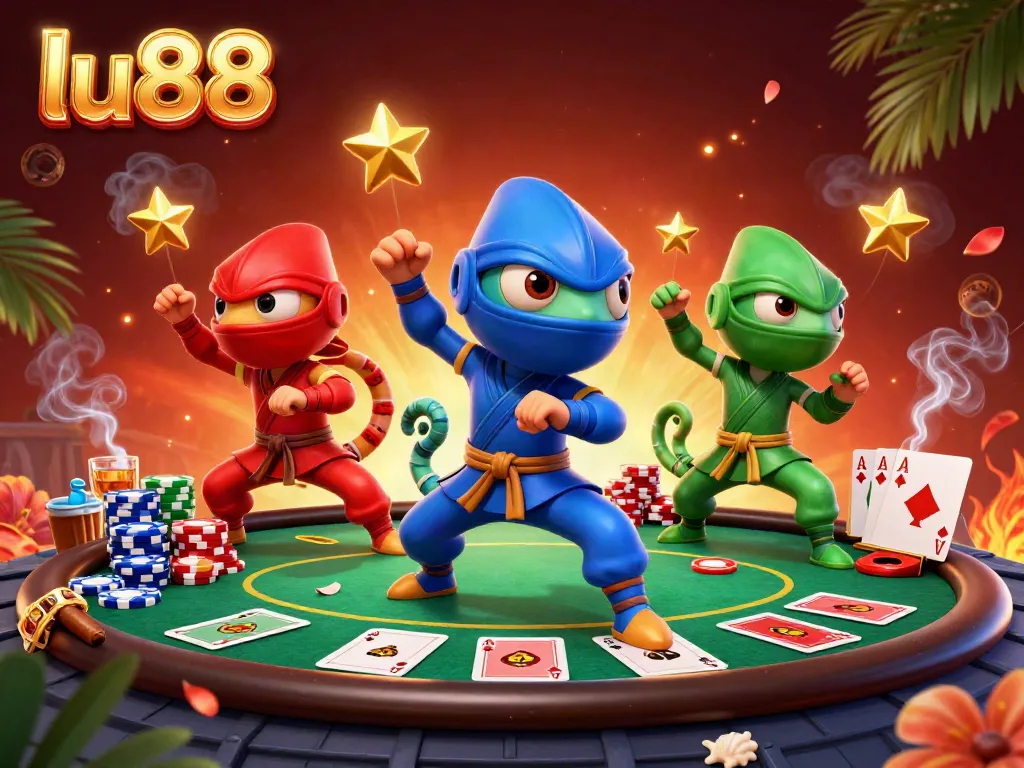 Engage with thrilling poker action at lu88, as chameleon ninjas participate in a high-stakes game.