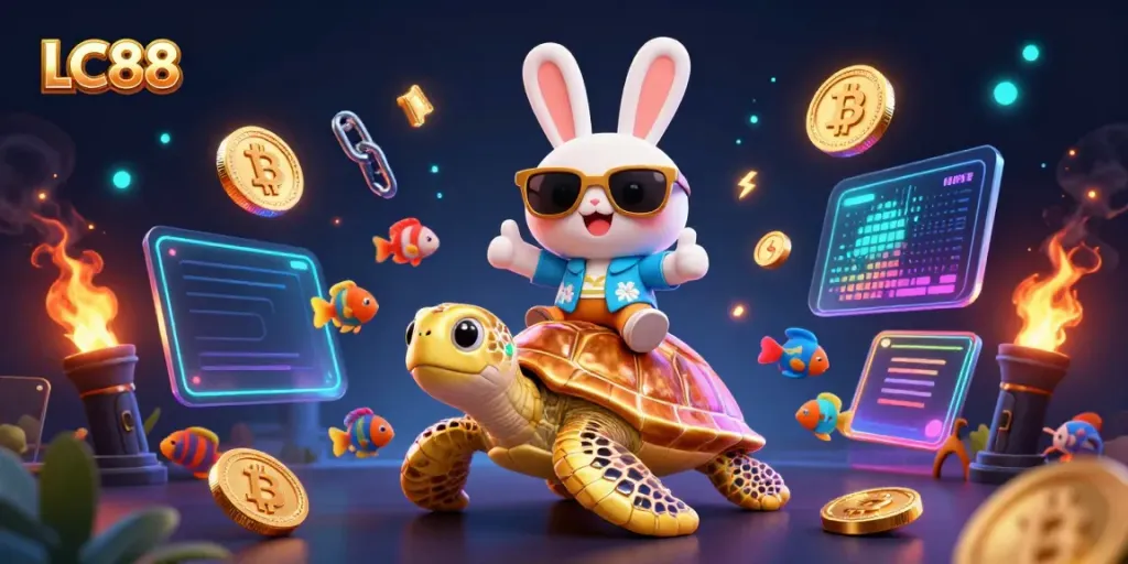 Win big at LC88 with a cartoon rabbit and sea turtle in vibrant casino-themed scenery