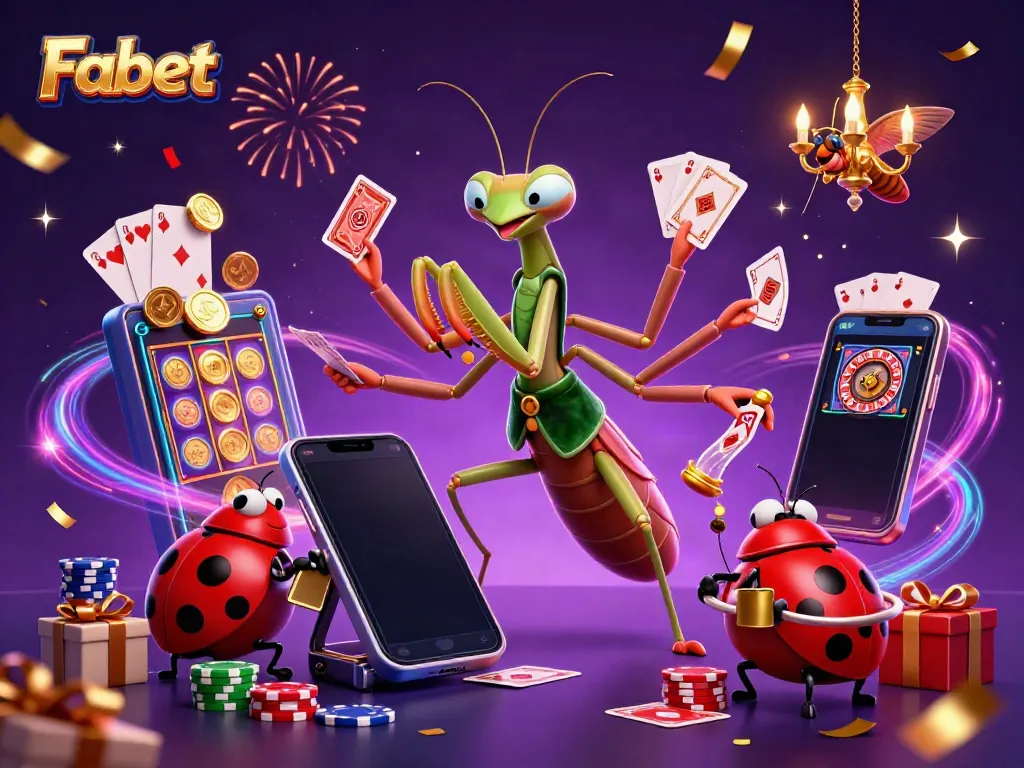 Engaging scene of Fabet's enchanting casino world with a giant praying mantis and ladybug boss celebrating wins.