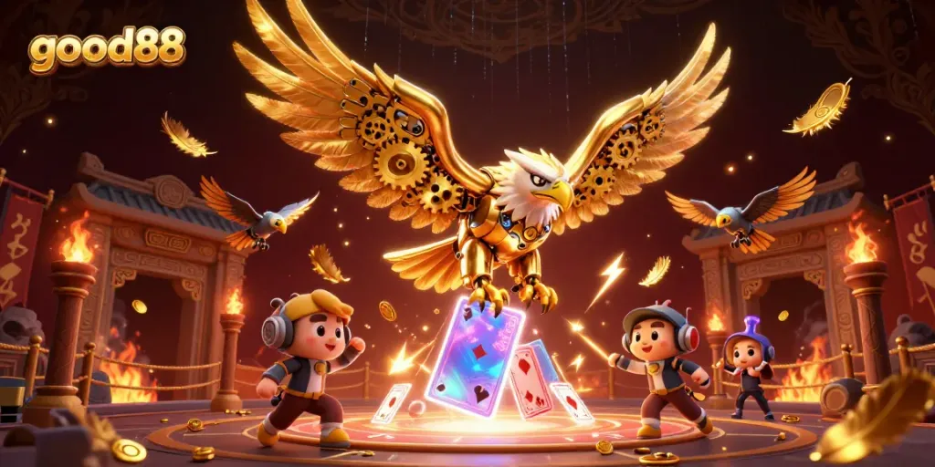Experience thrilling gameplay with good88 featuring a cybernetic golden eagle soaring among waving holographic cards.